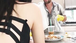 Brunette skank Demi Lowe fucks with her help in the kitchen
