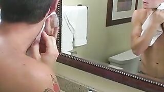 Gorgeous brunette twink with hairy cock jerks it for cum