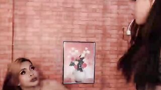Shemale TS jem in lingerie fucks small tits trans girlfriend in her face