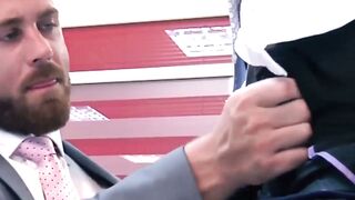 Bearded businessman Logan Moore fucked raw after hot blowjob