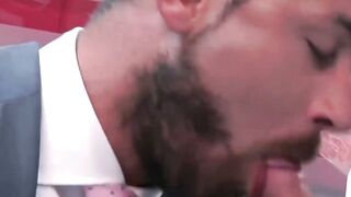 Bearded businessman Logan Moore fucked raw after hot blowjob