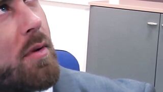 Bearded businessman Logan Moore fucked raw after hot blowjob
