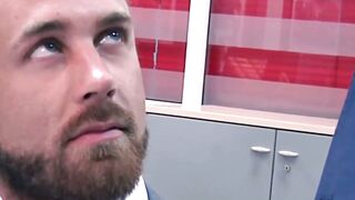 Bearded businessman Logan Moore fucked raw after hot blowjob