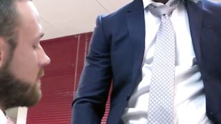 Bearded businessman Logan Moore fucked raw after hot blowjob