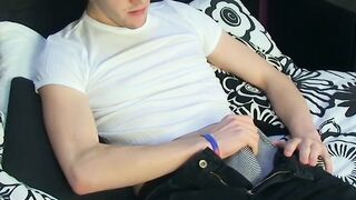 Emo twink enjoys covering his tight body with cum