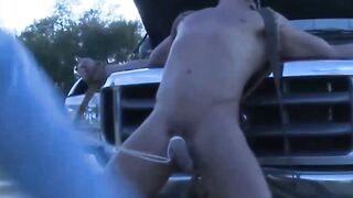 Muscular gay tied up and oiled during BDSM for wild hunk