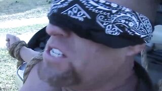 Muscular gay tied up and oiled during BDSM for wild hunk