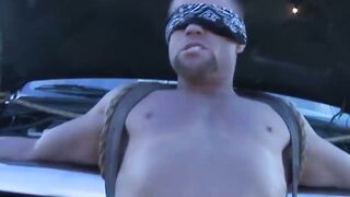Muscular gay tied up and oiled during BDSM for wild hunk