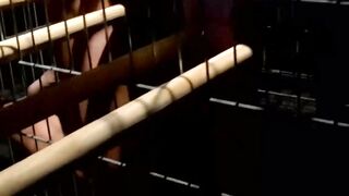 Stunning blindfolded slave caught and dominated in cage
