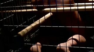 Stunning blindfolded slave caught and dominated in cage