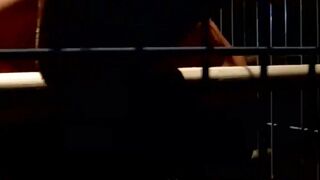 Stunning blindfolded slave caught and dominated in cage