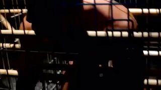 Stunning blindfolded slave caught and dominated in cage
