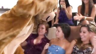 Voyeur ladies watch clothed chicks giving strippers blowjobs