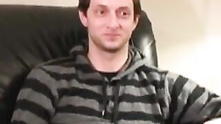 Handsome hunk jerks off his throbbing dick after interview