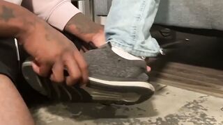 Black stud receives footjob and cums on lovers feet