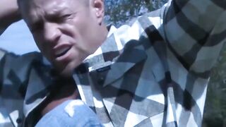 Submissive jock outdoor dominated by wild hunk