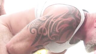Hairy daddy Lance Charger ass stretched by thick cock buddy