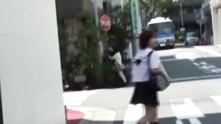 Redhead Japanese with short hair is peeing on the streets