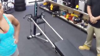 Petite babe fucks in pawnshop after demonstrating a workout