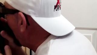 Fat dude shows his dick sucking technique in glory hole room