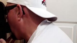 Fat dude shows his dick sucking technique in glory hole room