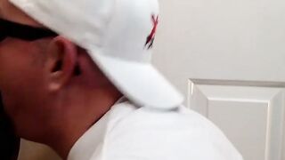 Fat dude shows his dick sucking technique in glory hole room