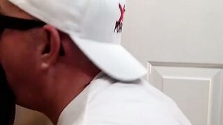 Fat dude shows his dick sucking technique in glory hole room
