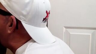 Fat dude shows his dick sucking technique in glory hole room