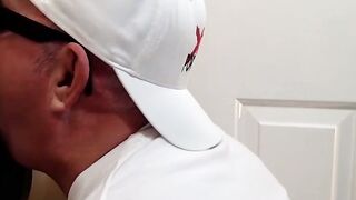 Fat dude shows his dick sucking technique in glory hole room