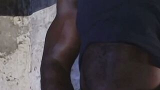 The big black dude jerks off in his secret haven at home the basement