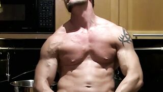Baker Joey jerks in frustration after his spilling his dough