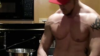 Baker Joey jerks in frustration after his spilling his dough