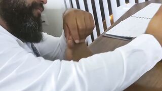 Bearded black stud licks his bosses feet while masturbating