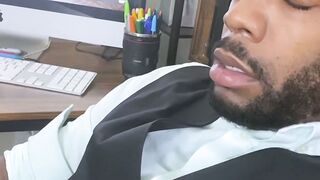 Bearded black stud licks his bosses feet while masturbating