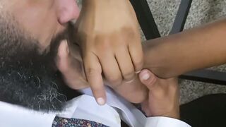 Bearded black stud licks his bosses feet while masturbating