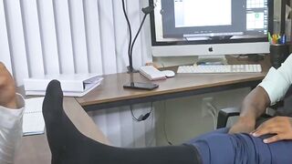 Bearded black stud licks his bosses feet while masturbating