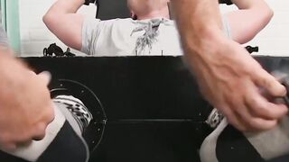 Restrained blond young hunk tickle tormented by dominant man