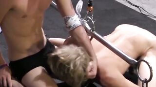 Blowjob and rough ass fucking during bondage for twink man