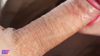 Gentle fellatio with red lips close-up, long cummed