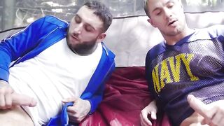 Ripped horny dude Skyy Knox fucks in the forest with his straight friend