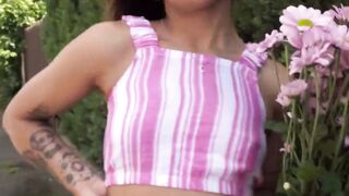 Playful Michy Perez gets her flowery cunt fucked in the garden