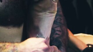 Derek Kage takes a huge cock in his mouth and extremely ass fucked by two hunks