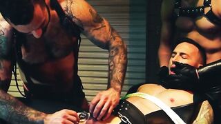 Derek Kage takes a huge cock in his mouth and extremely ass fucked by two hunks
