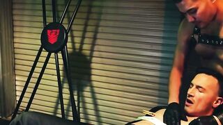 Derek Kage takes a huge cock in his mouth and extremely ass fucked by two hunks