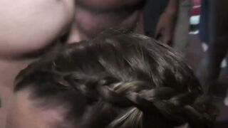 Bukkake sluts drooling on dicks during wet oral session
