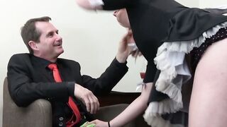 Busty redhead maid joins older couple blowjob before cumshot