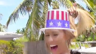 Blonde babe Kelsi Monroe blows and rides a dick outdoors