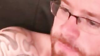 Inked senior wears his sexy glasses and jerking off solo