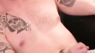 Inked senior wears his sexy glasses and jerking off solo