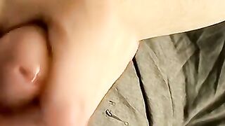 Amateur twink plays with big dick cums on his feet